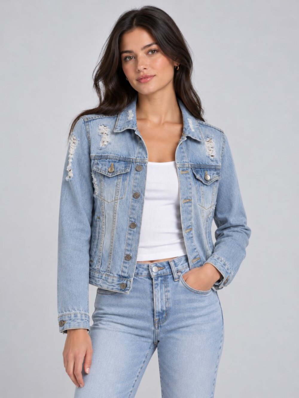 Love Tree Light Blue Distressed Denim Jean Jacket